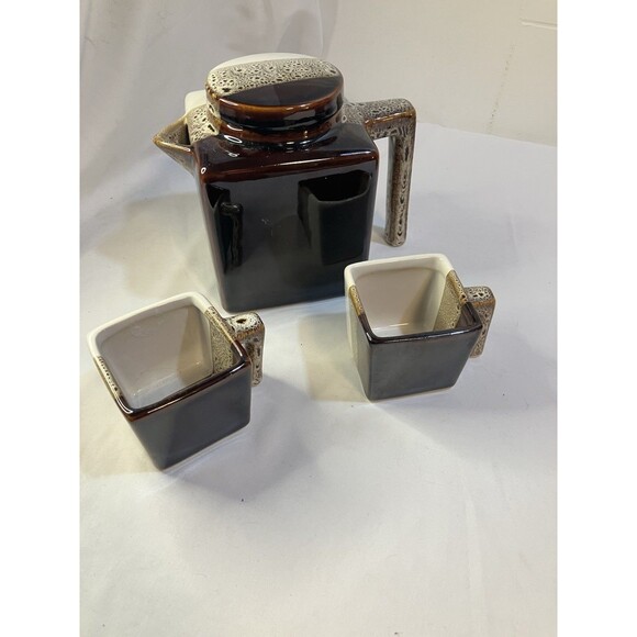 Tri Color Pier 1 Imports Stoneware Teapot/2 Cups Brown Tea Coffee Set - Picture 1 of 7
